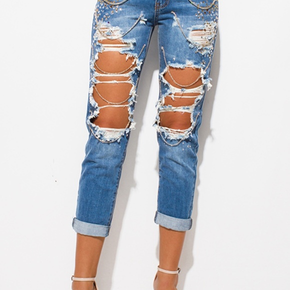 DESTROYED RHINESTONE  BOHO BOYFRIEND JEANS!! - Picture 5 of 7
